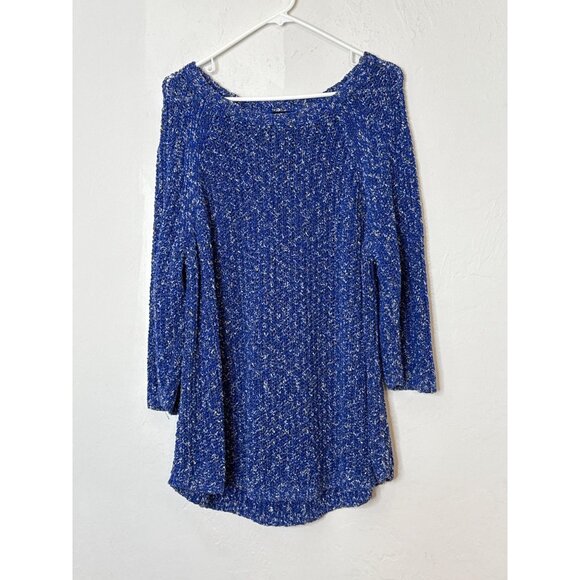 Talbots Plus Open Knit Sweater Tunic Stretch Crew Neck Speckled Blue Boat Neck 3 - Picture 1 of 7